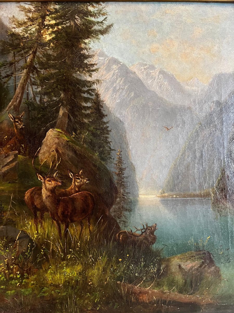 Landscape Painting With Deer And Does By A Lake, Signed Christian Johann Kröner 1838-1911.-photo-3