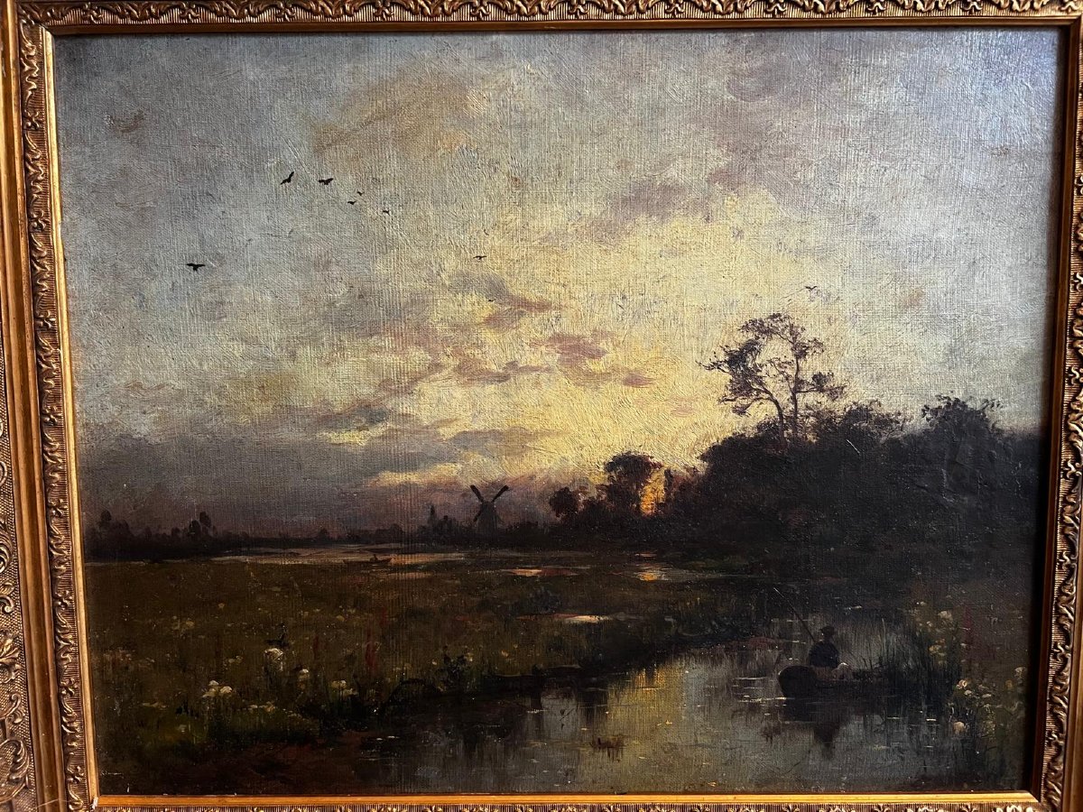 Tableau  très joli  Paysage  Lacuste avec  Pêcheurs. -photo-1