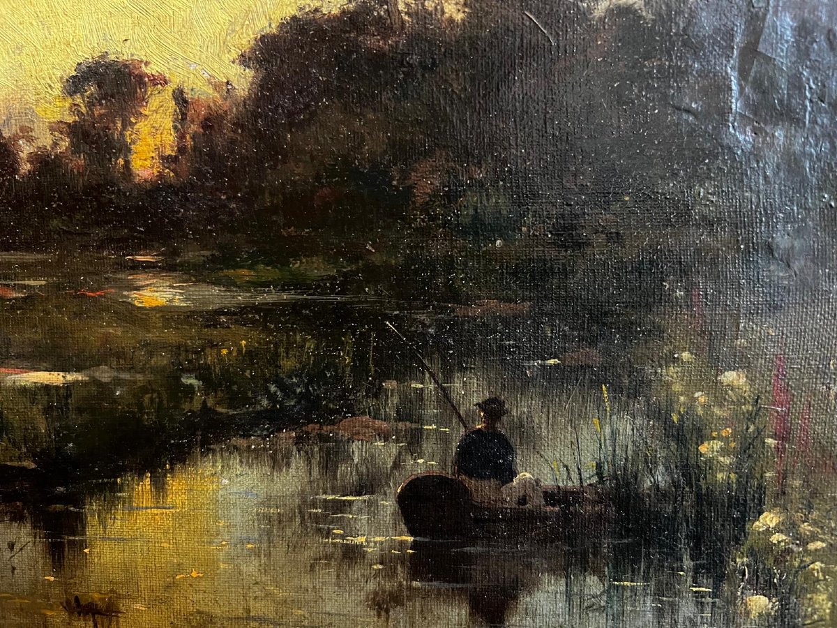 Tableau  très joli  Paysage  Lacuste avec  Pêcheurs. -photo-2