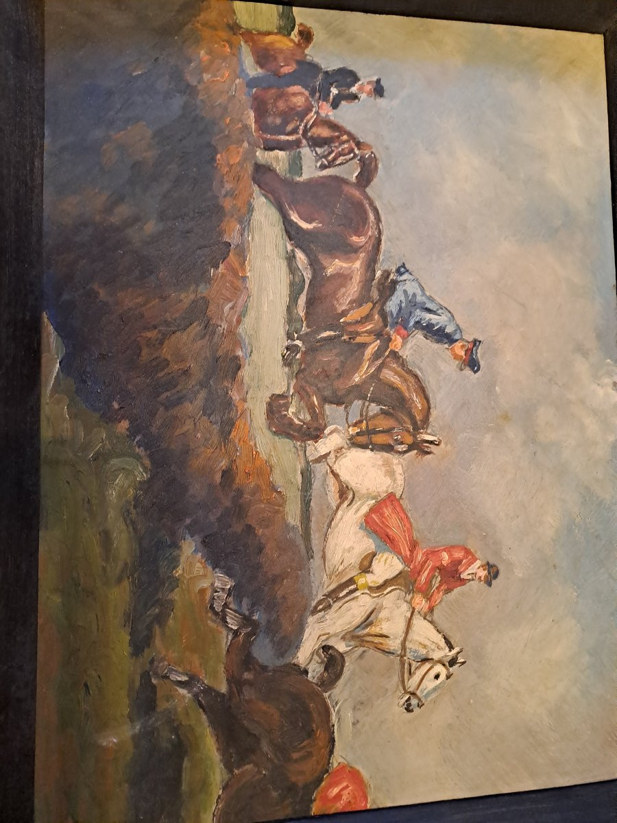 Painting Of A Rider Over Obstacles, German School, Gift From The Painter, Dedication Pouxeux 1946.-photo-4