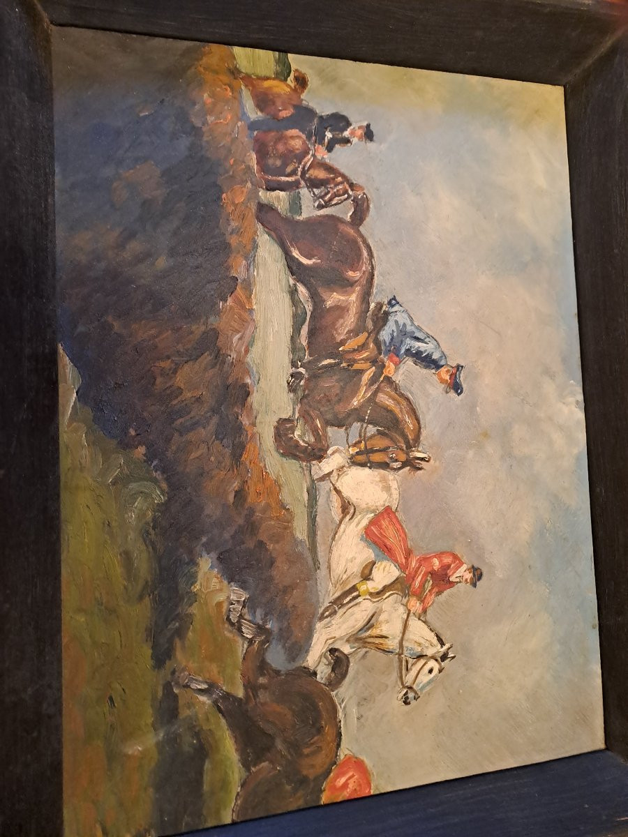 Painting Of A Rider Over Obstacles, German School, Gift From The Painter, Dedication Pouxeux 1946.-photo-5