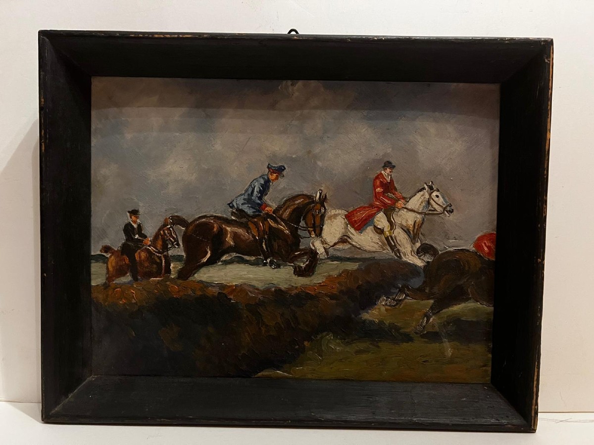 Painting Of A Rider Over Obstacles, German School, Gift From The Painter, Dedication Pouxeux 1946.