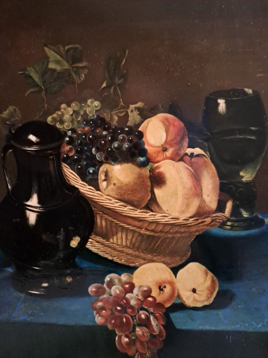 Tableau  Nature morte, Huile sur Métal, Petite restauration. -photo-4