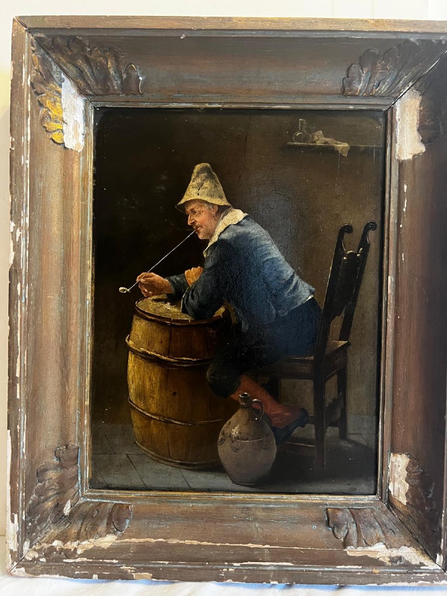 Dutch School Painting The Pipe Smoker, Oil On Wood, Frame To Be Restored. -photo-2