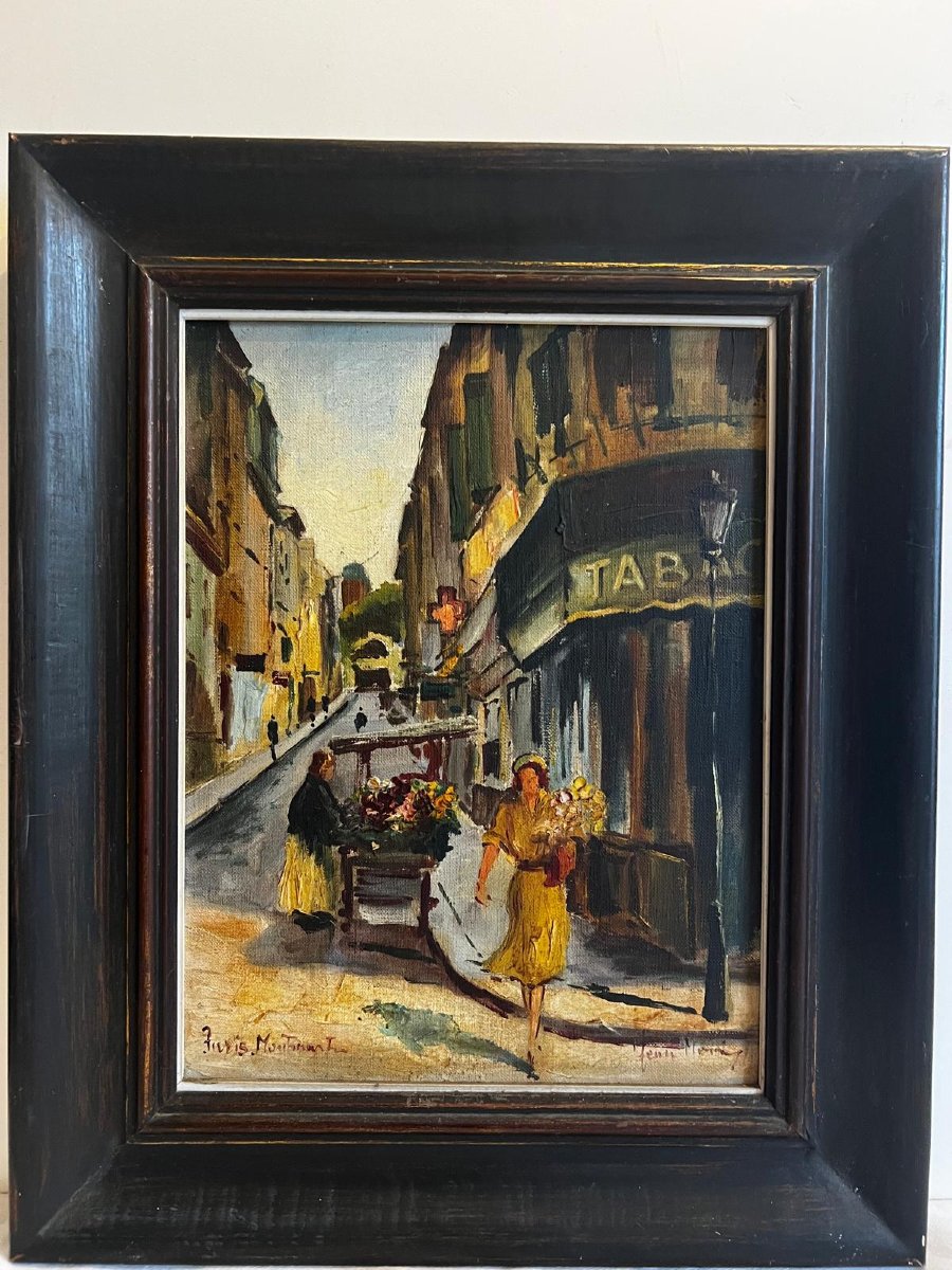 Tableau  Paysage Paris Montmartre Femme achetant des fleurs , Signé Jean  M...-photo-2