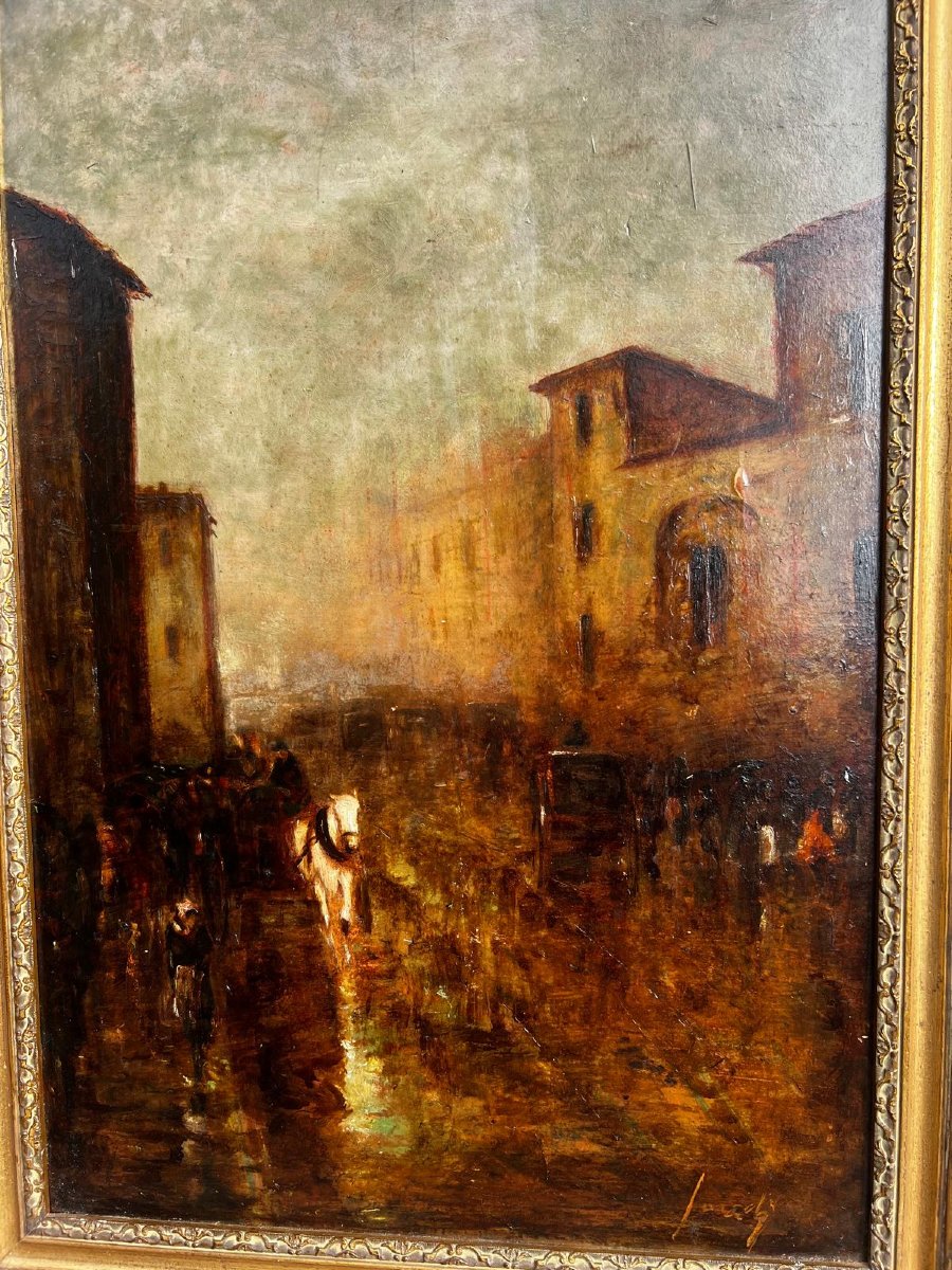 Tableau ville  mouvement  École  Russe ,Signé illisible Huile sur bois. -photo-3