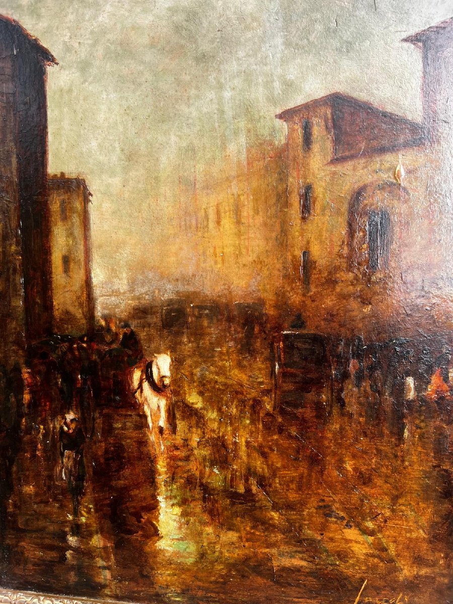 Tableau ville  mouvement  École  Russe ,Signé illisible Huile sur bois. -photo-4