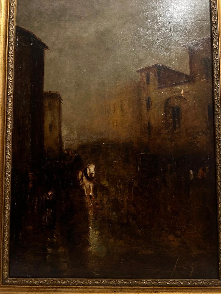 Tableau ville  mouvement  École  Russe ,Signé illisible Huile sur bois. 