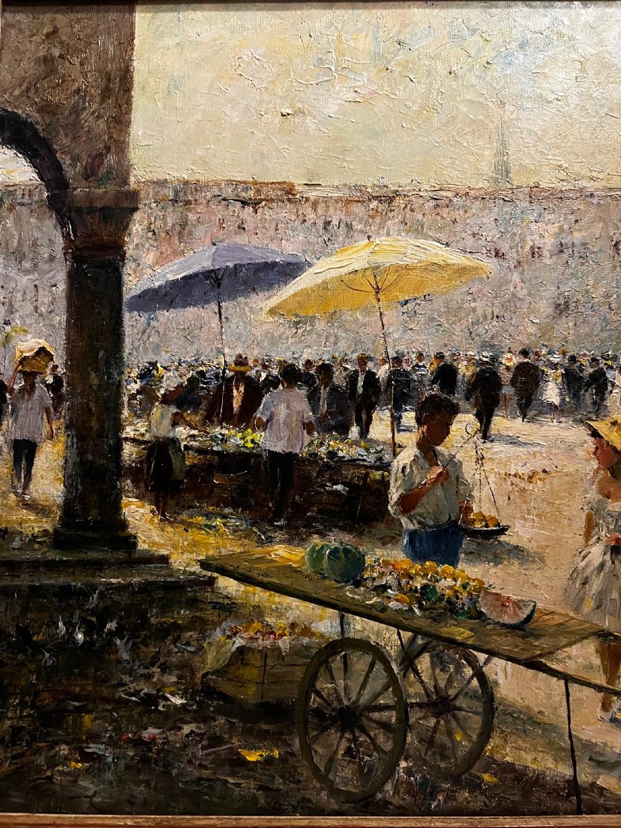 2 Paintings Italian School Fish Market Signed Illegible And Venice Canal.-photo-2