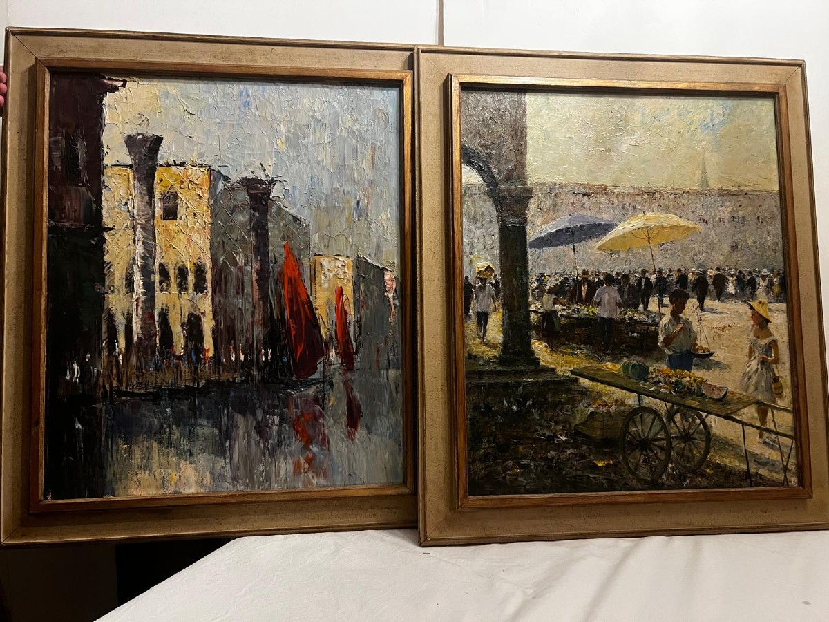 2 Paintings Italian School Fish Market Signed Illegible And Venice Canal.