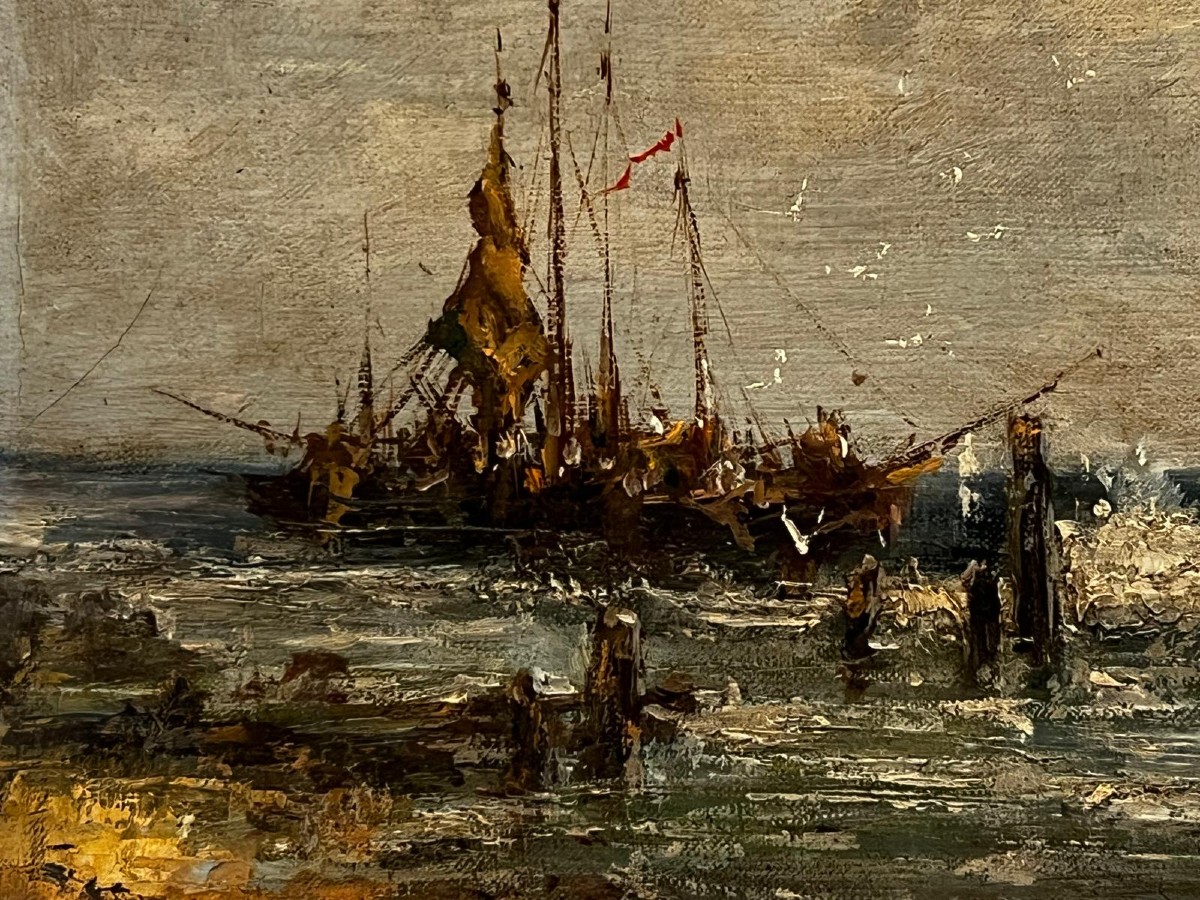Tableau  Marine  Signé Paul  Hermans 1898-1972, Huile sur toile maroufler sur bois. 