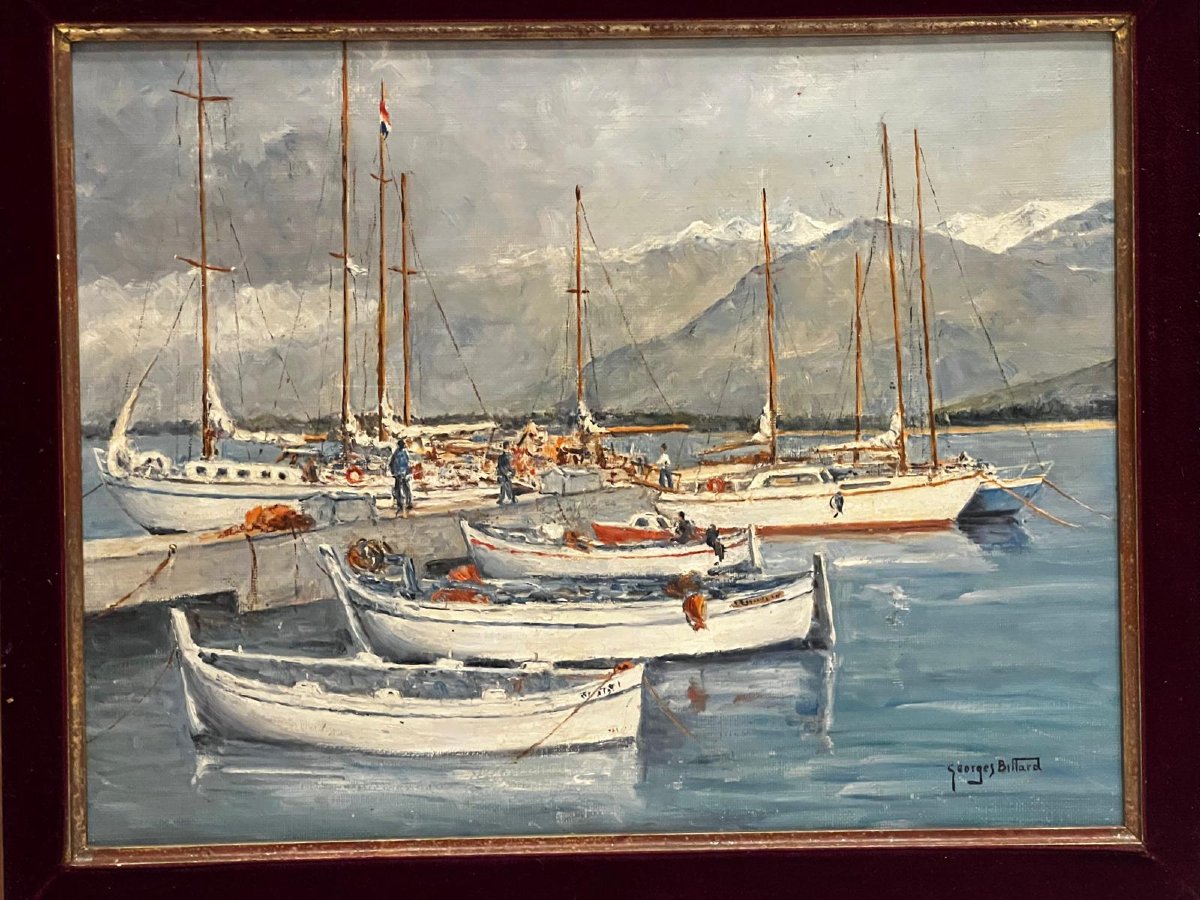 Painting Of The Port Of Calvi (corsica) Signed, Georges Billard, Oil On Canvas -photo-3