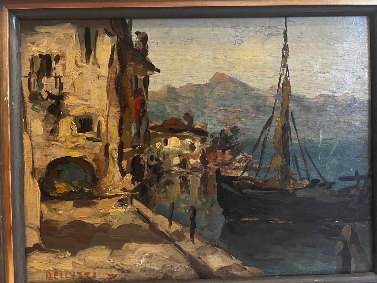Tableau  Port  di  Malcesine,  Signé  BELLUZZI,  Huile Sur bois. -photo-3