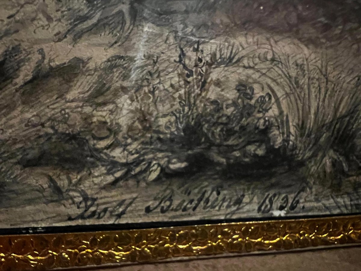 Tableau  Dessin à la loupe Paysage grande qualité Signé illisible Premiere moitié du 19èm Sc. -photo-3