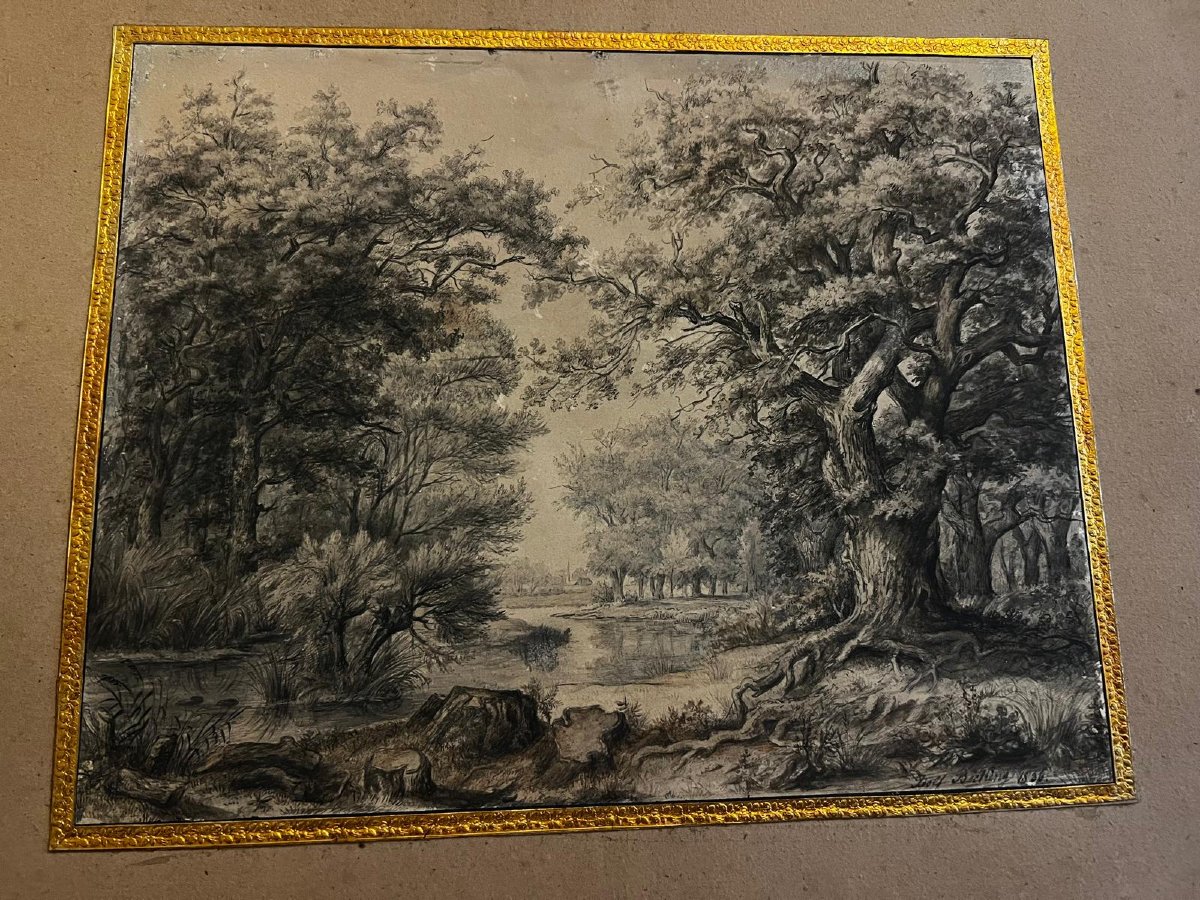 Tableau  Dessin à la loupe Paysage grande qualité Signé illisible Premiere moitié du 19èm Sc. -photo-4