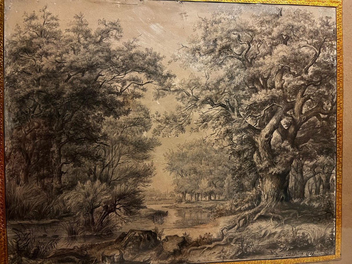 Tableau  Dessin à la loupe Paysage grande qualité Signé illisible Premiere moitié du 19èm Sc. -photo-1