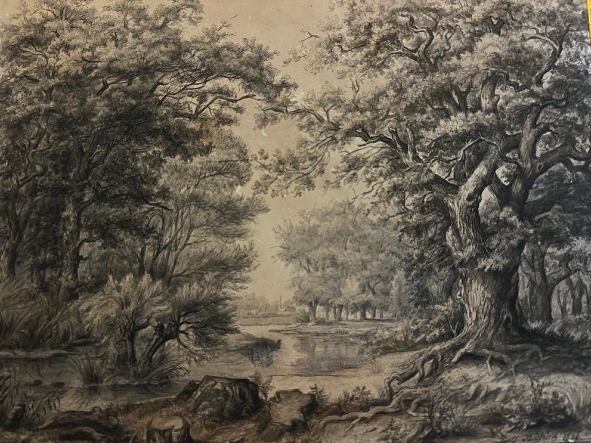 Tableau  Dessin à la loupe Paysage grande qualité Signé illisible Premiere moitié du 19èm Sc. -photo-4