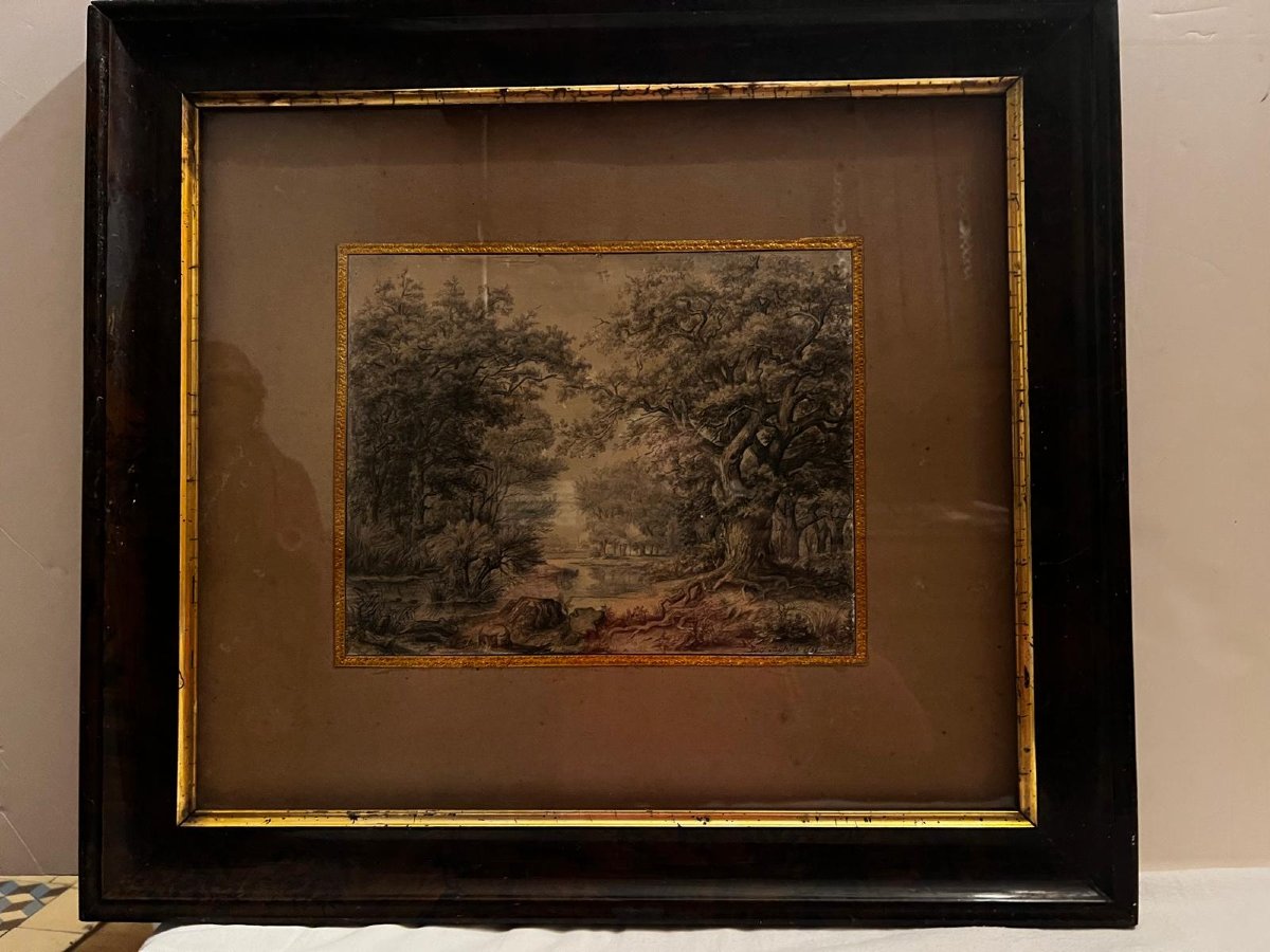 Tableau  Dessin à la loupe Paysage grande qualité Signé illisible Premiere moitié du 19èm Sc. -photo-5