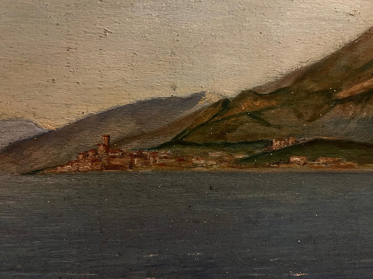 Lakeside Landscape Painting Signed, P. Andreotti, Oil On Wood. -photo-2