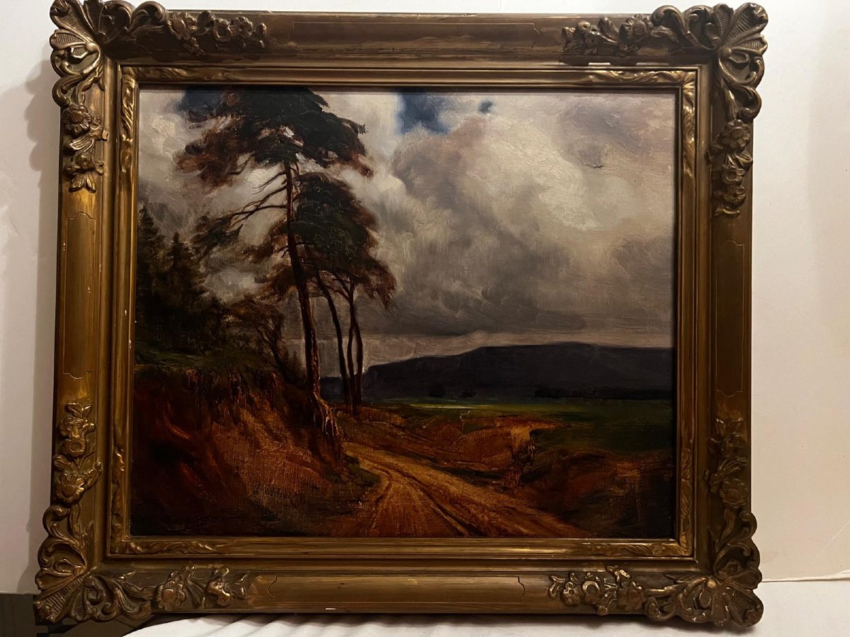 Painting Landscape Country Road Signed, Pierre Charles Becker, 1892-1934.-photo-2