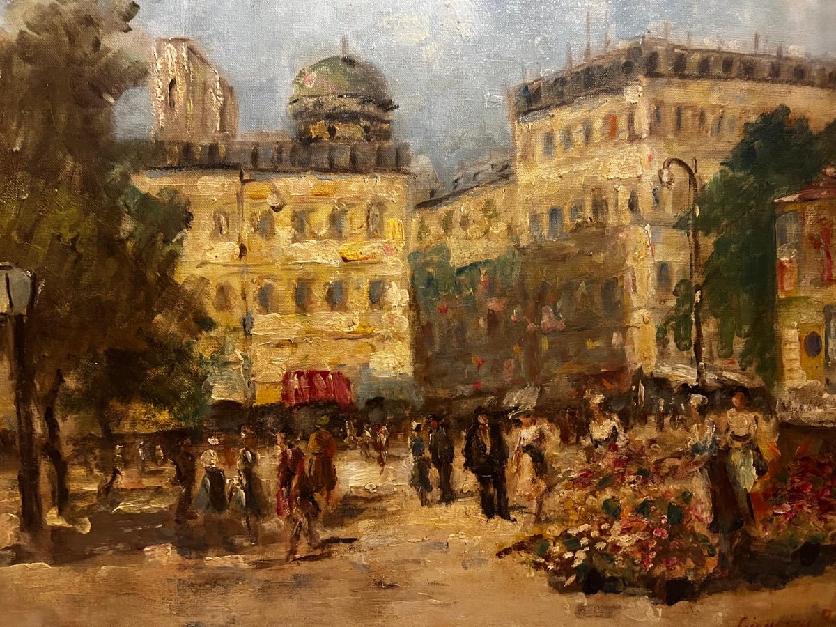 Tableau  Marché  au Fleurs  Signé  illisible,  Huile sur toile. -photo-4