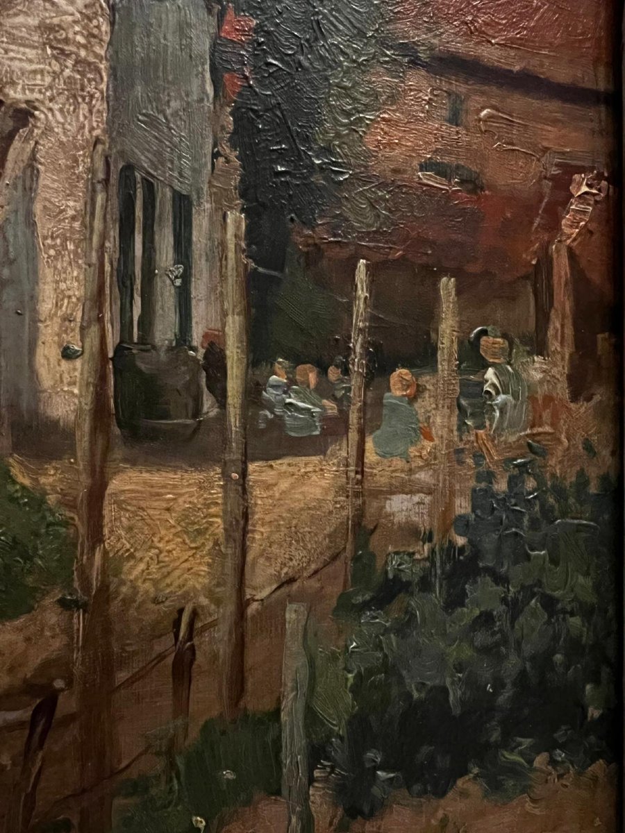 Tableau  Paysage Village avec  des Enfants qui jouent  Signé  Illisible. -photo-2