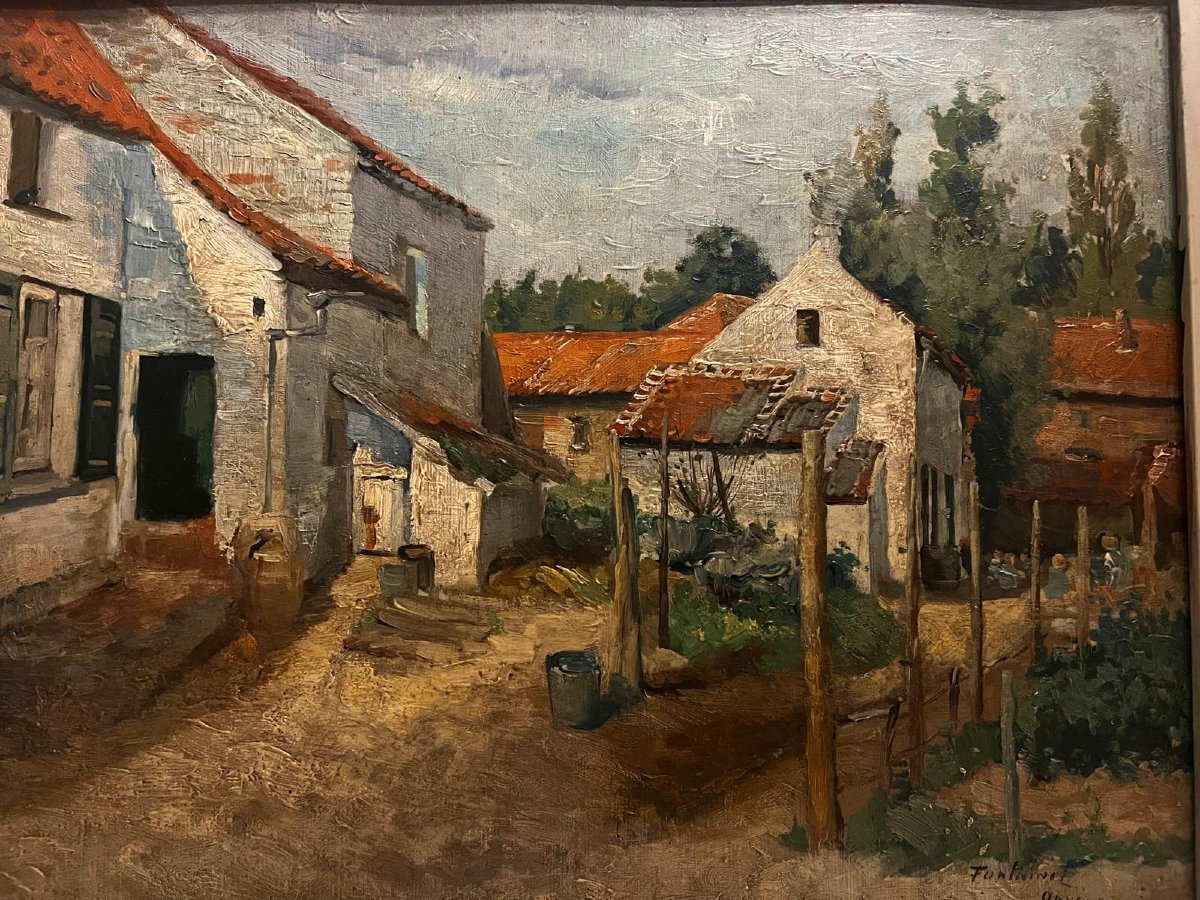 Tableau  Paysage Village avec  des Enfants qui jouent  Signé  Illisible. -photo-3