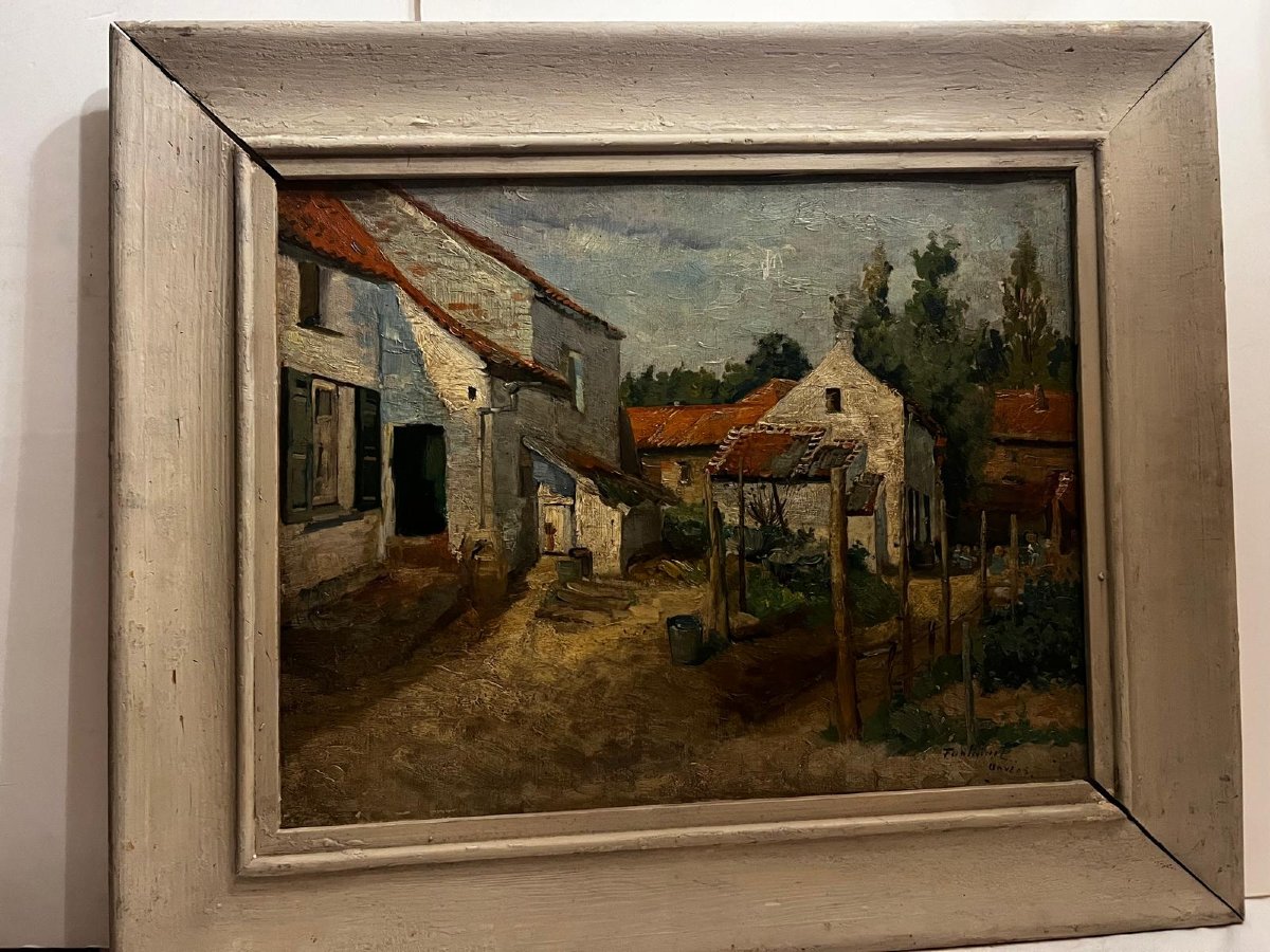 Tableau  Paysage Village avec  des Enfants qui jouent  Signé  Illisible. -photo-4