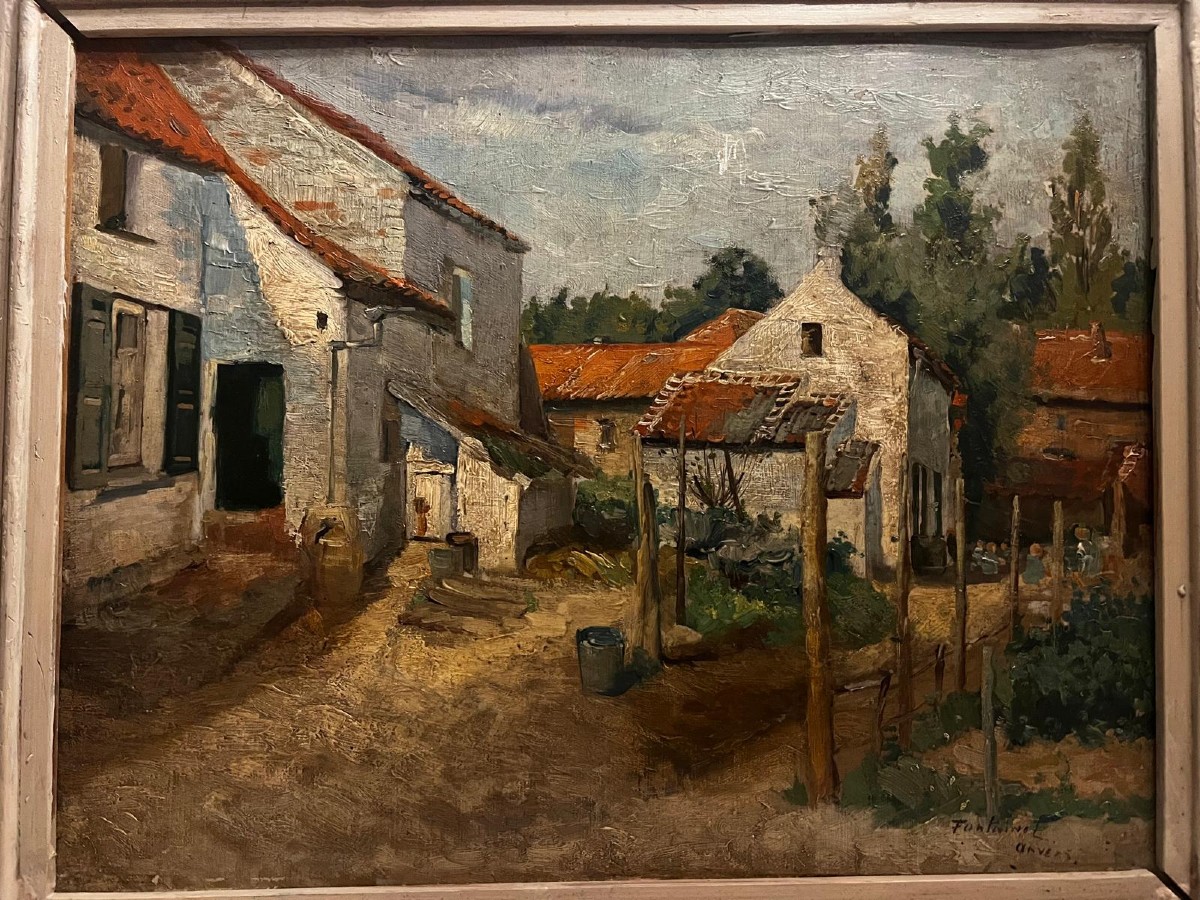 Tableau  Paysage Village avec  des Enfants qui jouent  Signé  Illisible. 