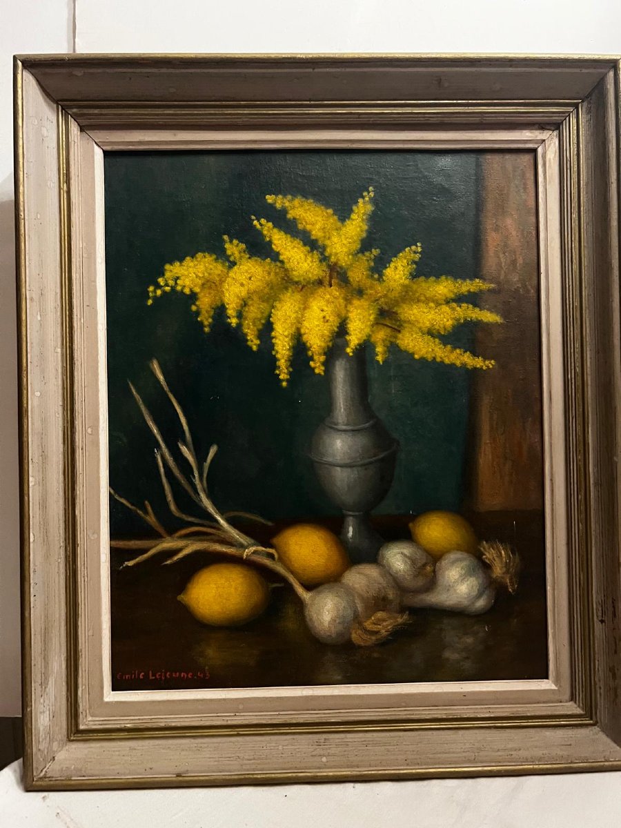 Still Life Painting With Vase Of Flowers, Fruits And Vegetables, Signed émile Lejeune 1885-1964-photo-1
