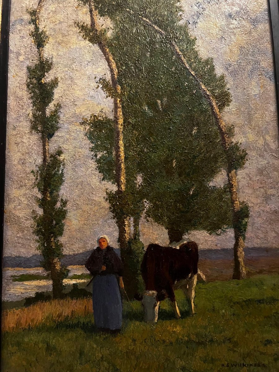 Tableau  École  Anglaise  Paysanne  et  sa  Vache. -photo-4