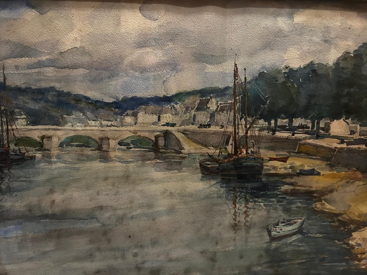 Watercolor Painting Hemebont S Blavet 1931, Signed Ja Veyre.-photo-2