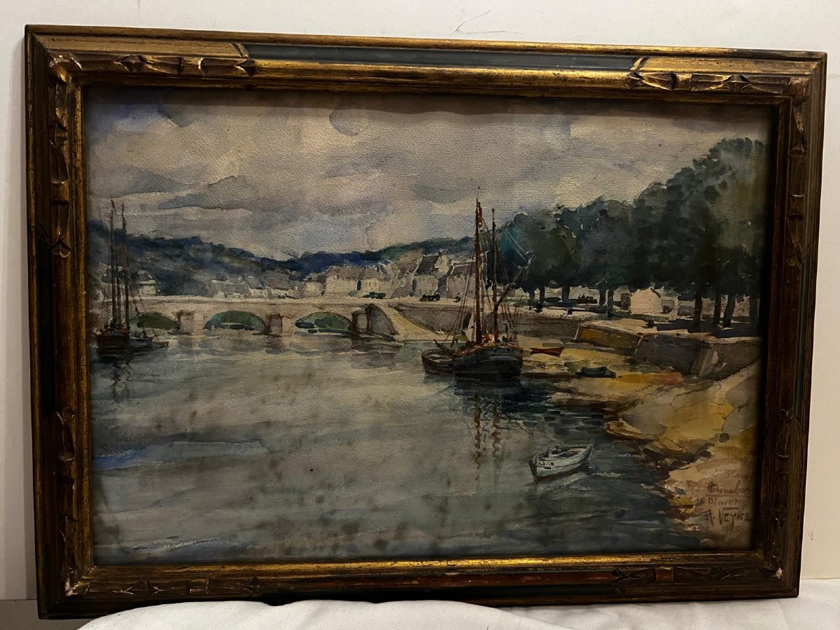 Watercolor Painting Hemebont S Blavet 1931, Signed Ja Veyre.-photo-3