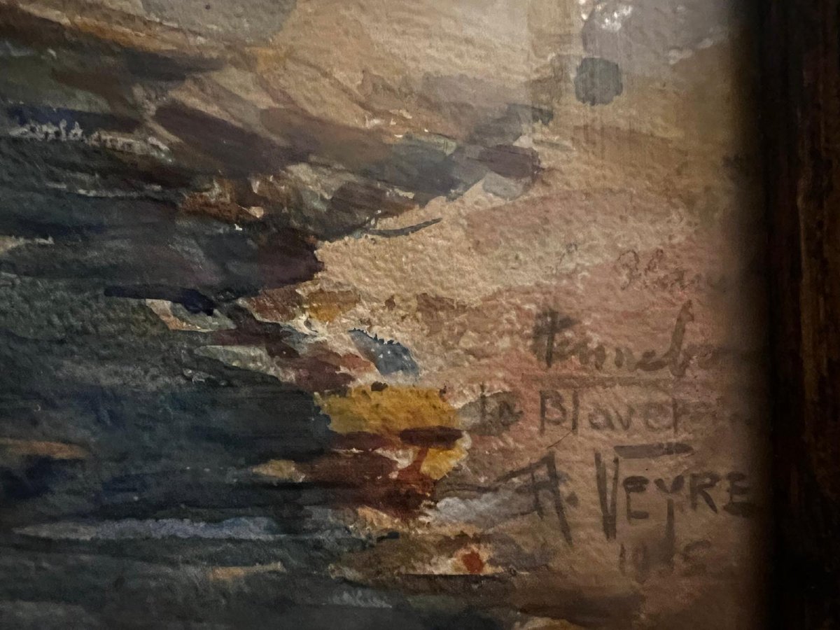 Watercolor Painting Hemebont S Blavet 1931, Signed Ja Veyre.-photo-3