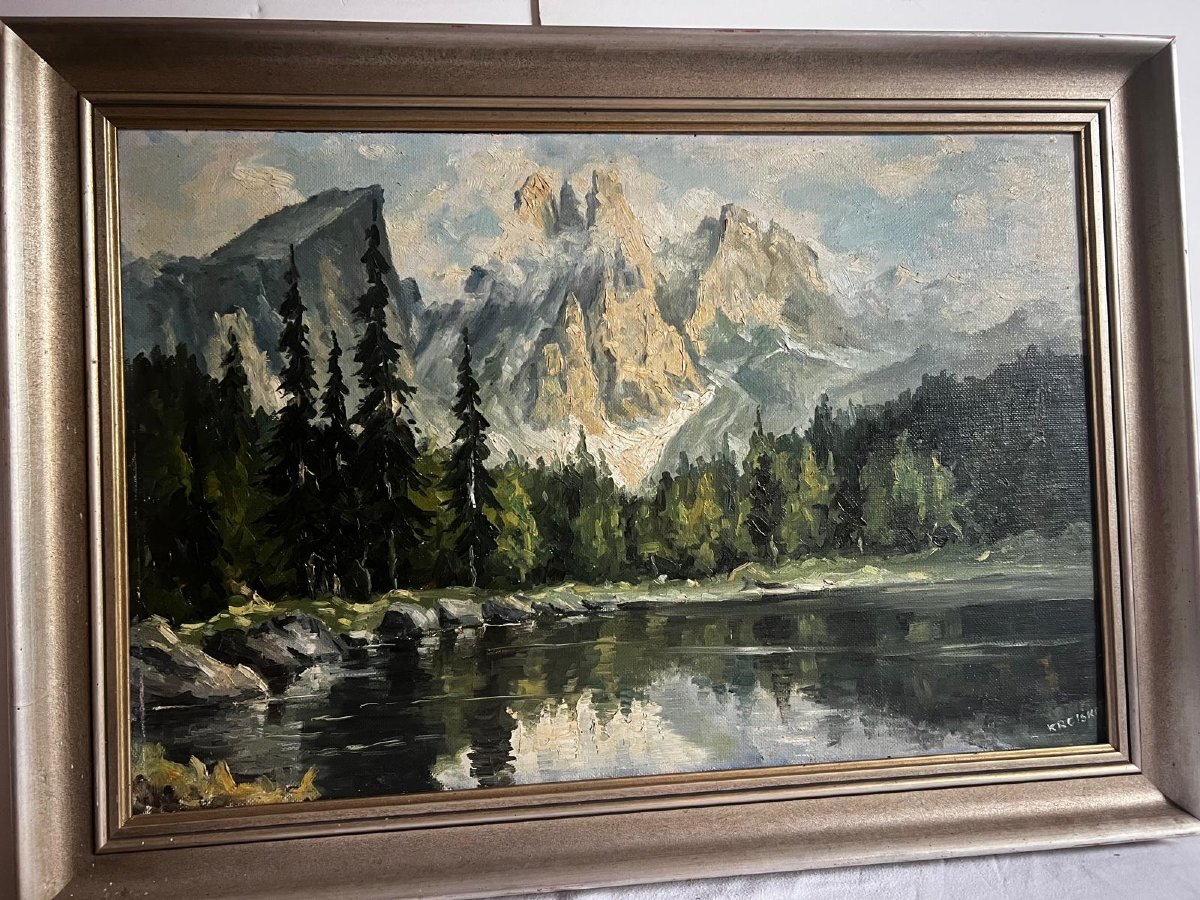 Landscape Painting Of Mountains, Illegible Signature, Oil On Wood. -photo-2