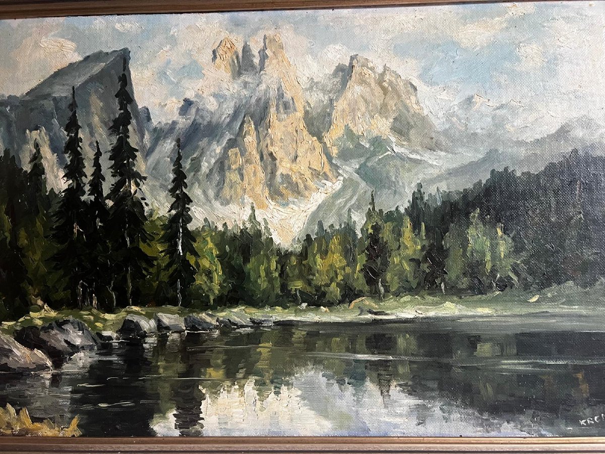Landscape Painting Of Mountains, Illegible Signature, Oil On Wood. -photo-3
