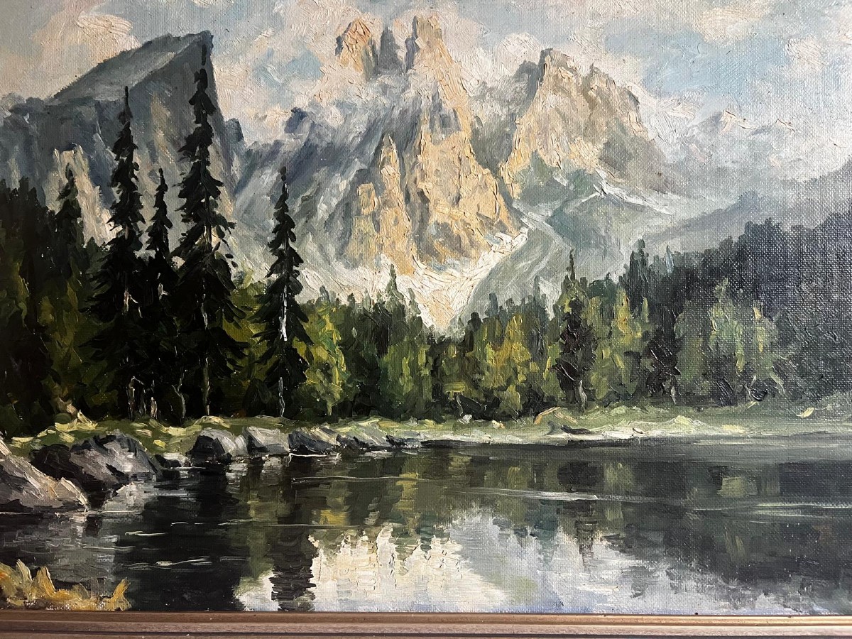 Landscape Painting Of Mountains, Illegible Signature, Oil On Wood. 