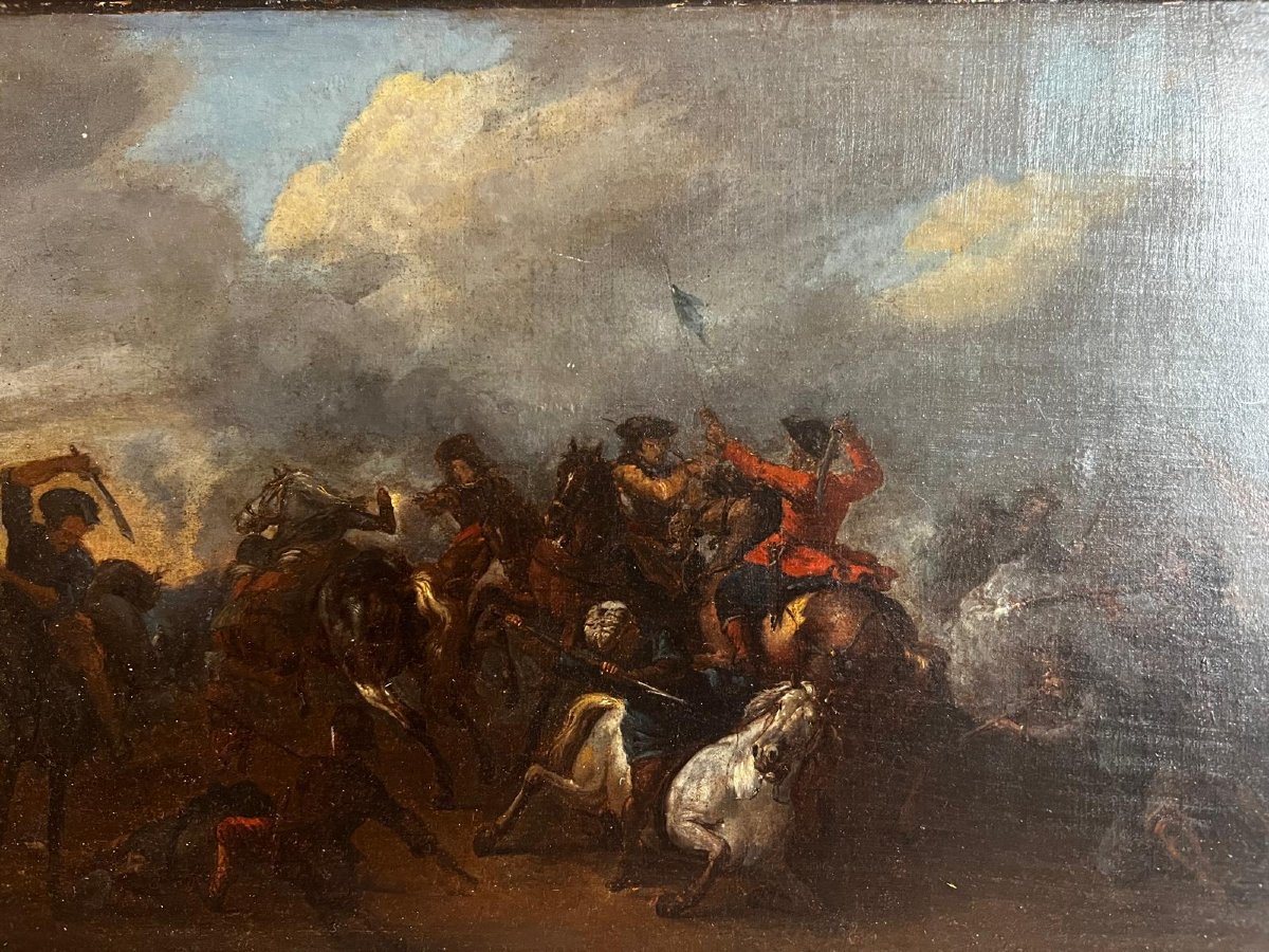 Painting Battle Scene Italy, Francesco Graziani Ciccio Napolitano, Oil On Wood. -photo-3