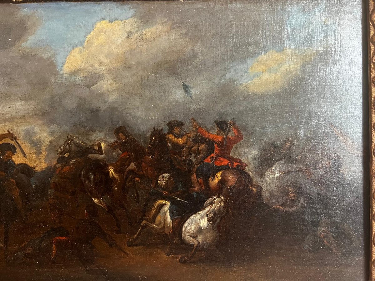 Painting Battle Scene Italy, Francesco Graziani Ciccio Napolitano, Oil On Wood. -photo-1