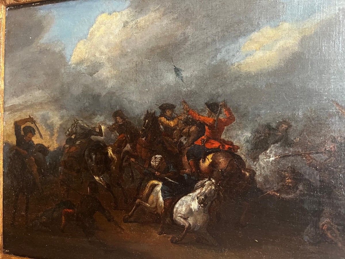 Painting Battle Scene Italy, Francesco Graziani Ciccio Napolitano, Oil On Wood. 