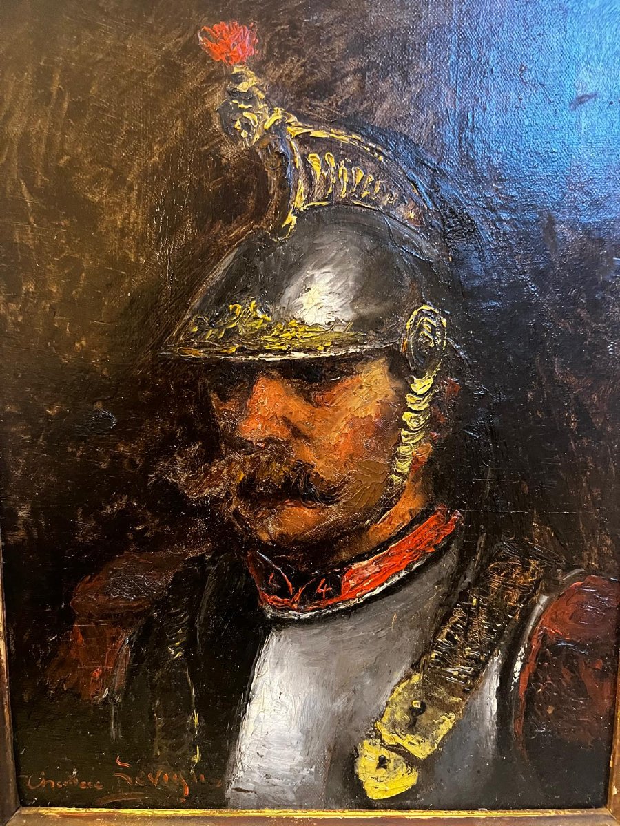 Painting Portrait Of A Soldier In Armor Signed Theodore Lévigne 1848-1912-photo-2