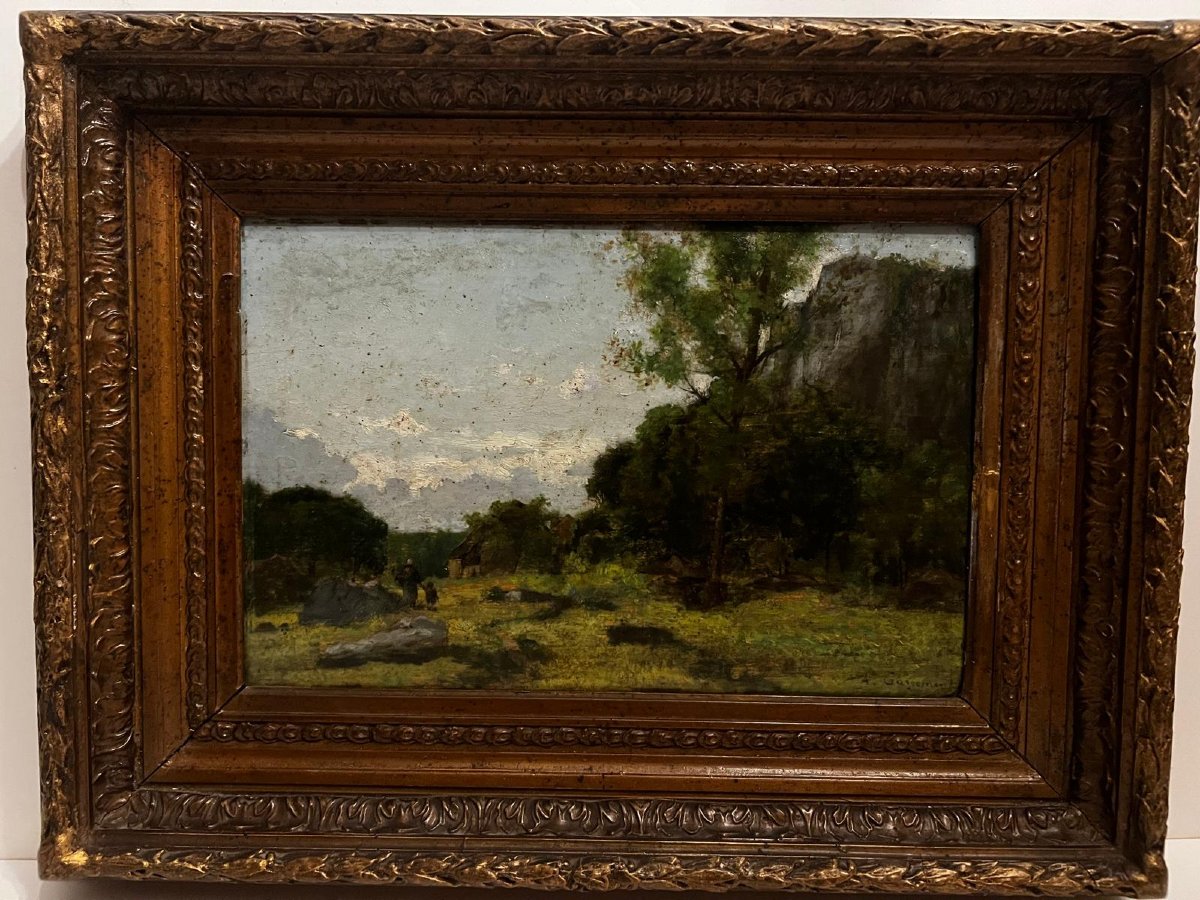 Lively Landscape Painting Signed Alfred Garcement, 1842-1927, Original Frame  -photo-3