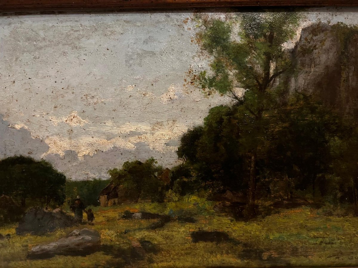 Lively Landscape Painting Signed Alfred Garcement, 1842-1927, Original Frame  -photo-1