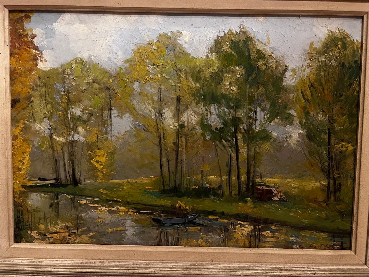 Tableau  très beau Paysage  Repos du  Pêcheur, Signé illisible, Huile sur bois. -photo-3