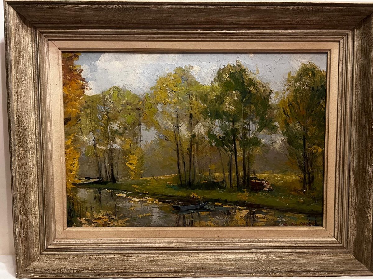 Tableau  très beau Paysage  Repos du  Pêcheur, Signé illisible, Huile sur bois. -photo-2