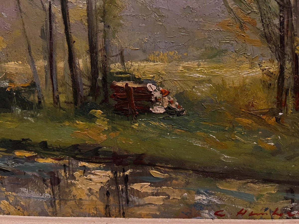 Tableau  très beau Paysage  Repos du  Pêcheur, Signé illisible, Huile sur bois. -photo-3