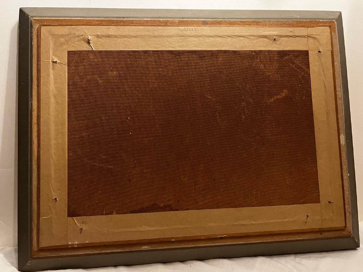 Tableau  très beau Paysage  Repos du  Pêcheur, Signé illisible, Huile sur bois. -photo-4