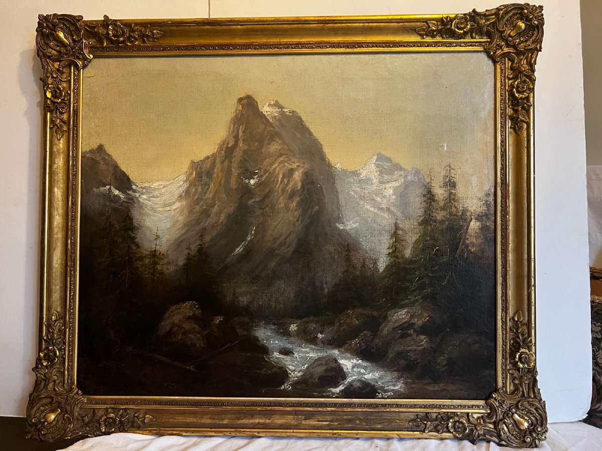 Tableau Paysage de Montagnes avec Toren très belle  qualité cadre d'époque 19ème. -photo-3