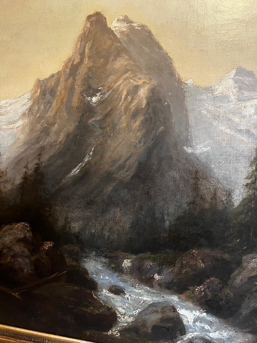 Tableau Paysage de Montagnes avec Toren très belle  qualité cadre d'époque 19ème. -photo-2
