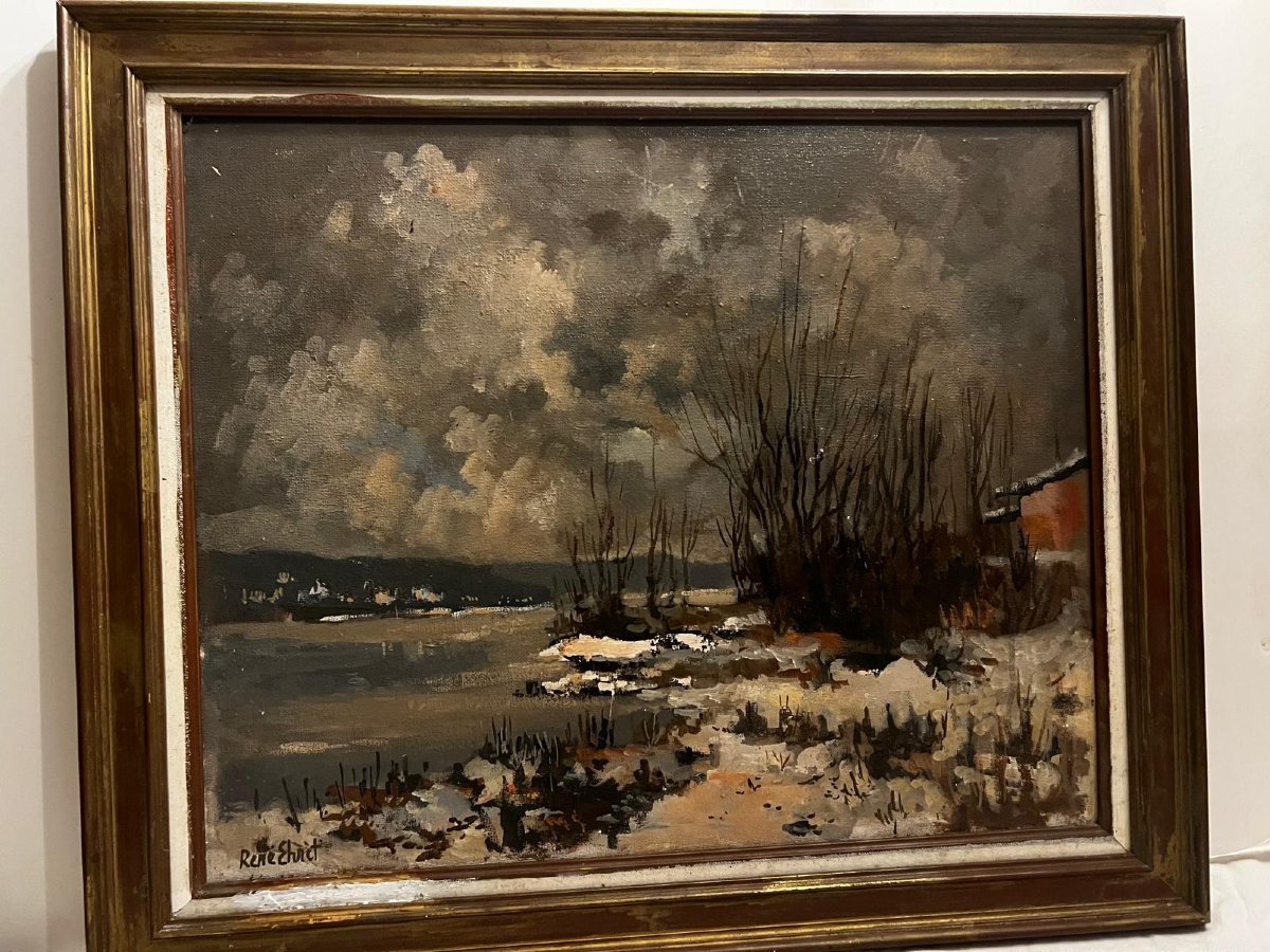 Tableau  Paysage  de  Neige Signé,  RÉNE  EHRET,  Huile sur bois. -photo-2